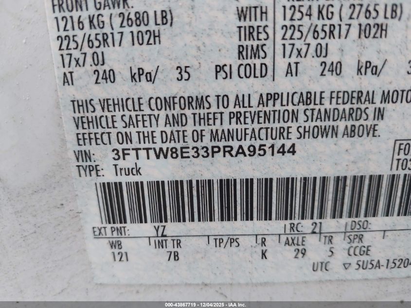 2023 Ford Maverick Xlt VIN: 3FTTW8E33PRA95144 Lot: 43867719