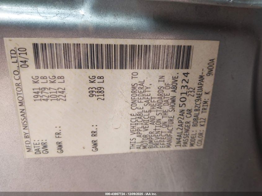 2010 Nissan Altima 2.5 S VIN: 1N4AL2AP2AN501324 Lot: 43867724