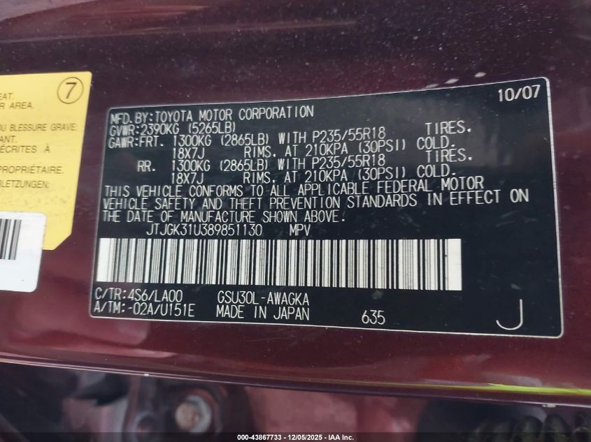 2008 Lexus Rx 350 VIN: JTJGK31U389851130 Lot: 43867733