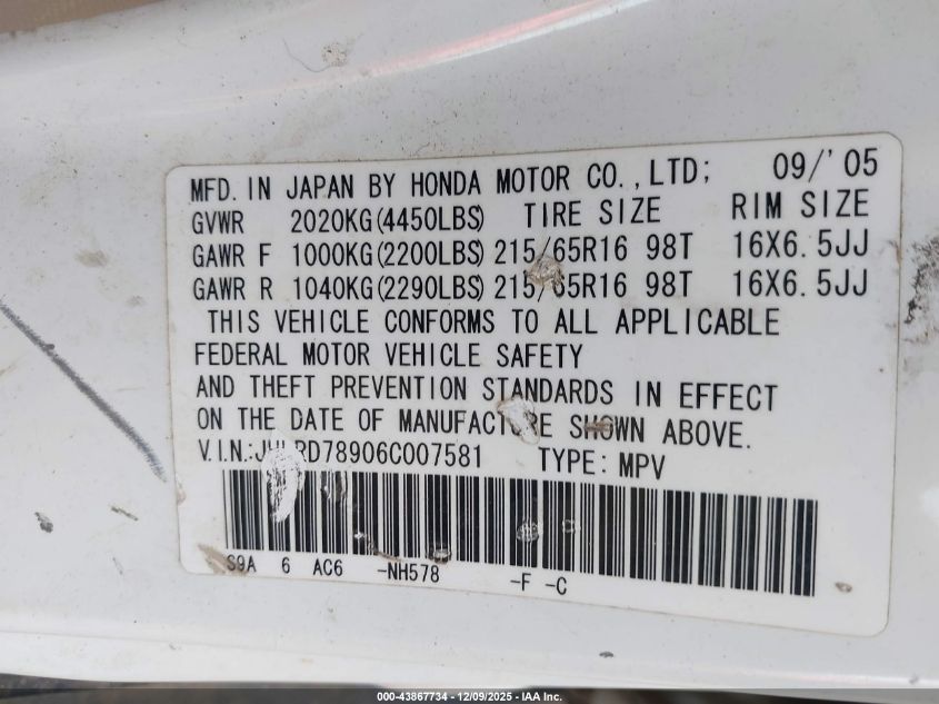 2006 Honda Cr-V Se VIN: JHLRD78906C007581 Lot: 43867734