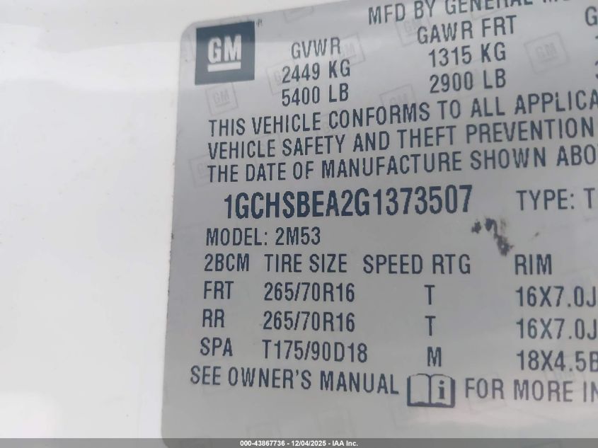 2016 Chevrolet Colorado Wt VIN: 1GCHSBEA2G1373507 Lot: 43867736