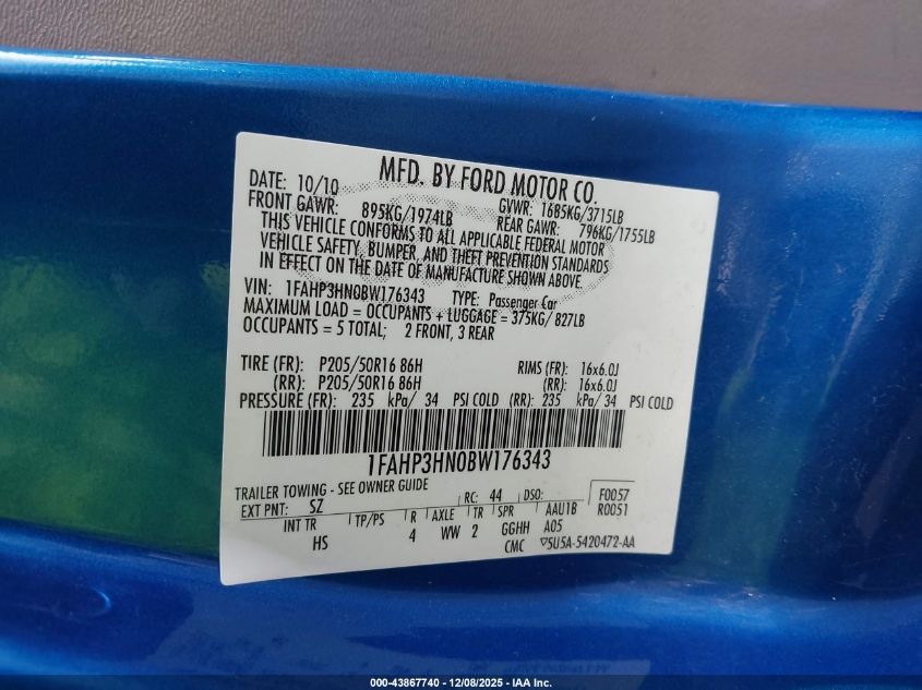 2011 Ford Focus Sel VIN: 1FAHP3HN0BW176343 Lot: 43867740