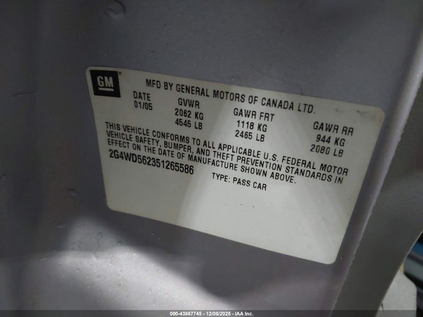 2005 Buick Lacrosse Cxl VIN: 2G4WD562351265586 Lot: 43867745