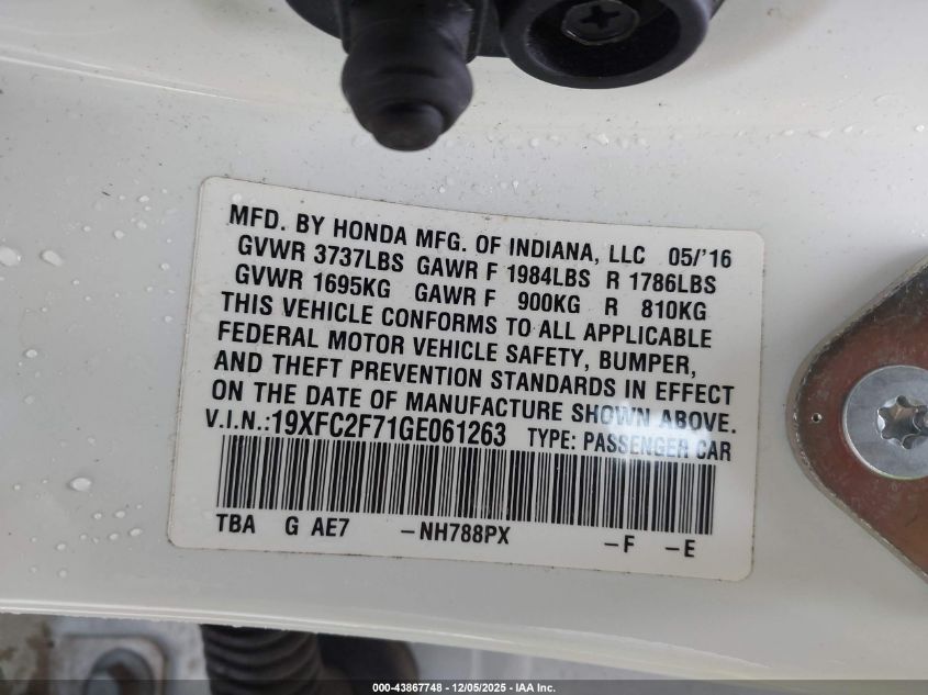 2016 Honda Civic Ex VIN: 19XFC2F71GE061263 Lot: 43867748
