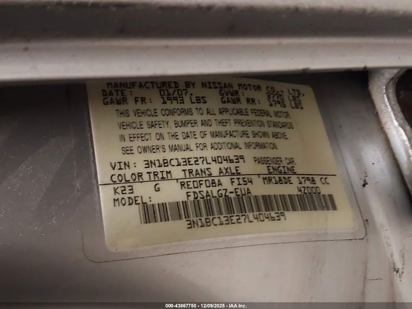 2007 Nissan Versa 1.8Sl VIN: 3N1BC13E27L404639 Lot: 43867750