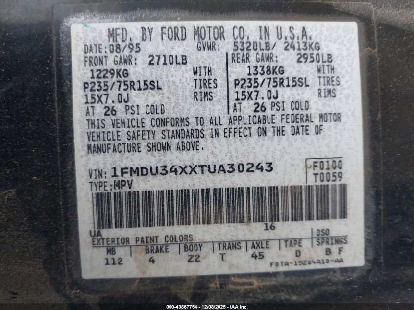 1996 Ford Explorer VIN: 1FMDU34XXTUA30243 Lot: 43867754