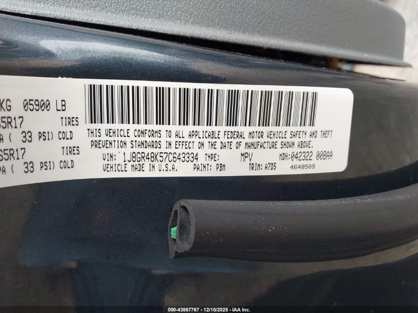 2007 Jeep Grand Cherokee Laredo VIN: 1J8GR48K57C643334 Lot: 43867767