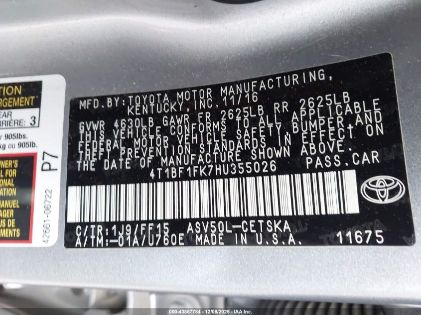 2017 Toyota Camry Se VIN: 4T1BF1FK7HU355026 Lot: 43867784