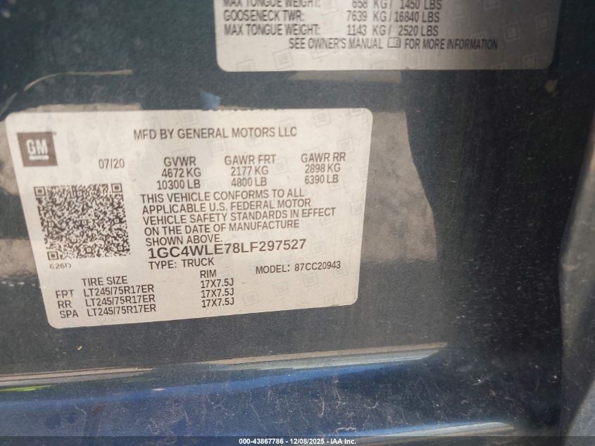 2020 Chevrolet Silverado 2500Hd Work Truck VIN: 1GC4WLE78LF297527 Lot: 43867786
