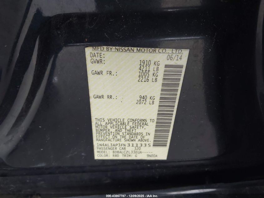 2015 Nissan Altima 2.5/2.5 S/2.5 Sl/2.5 Sv VIN: 1N4AL3AP3FN311335 Lot: 43867787