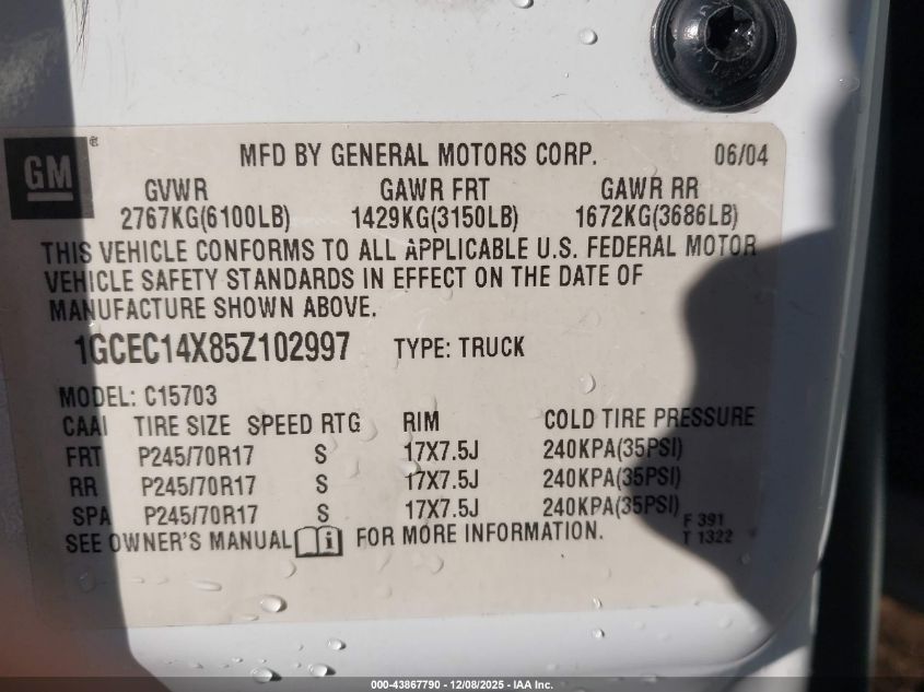 2005 Chevrolet Silverado 1500 Work Truck VIN: 1GCEC14X85Z102997 Lot: 43867790