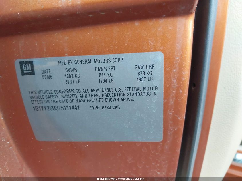 2007 Chevrolet Corvette VIN: 1G1YY26U375111441 Lot: 43867799