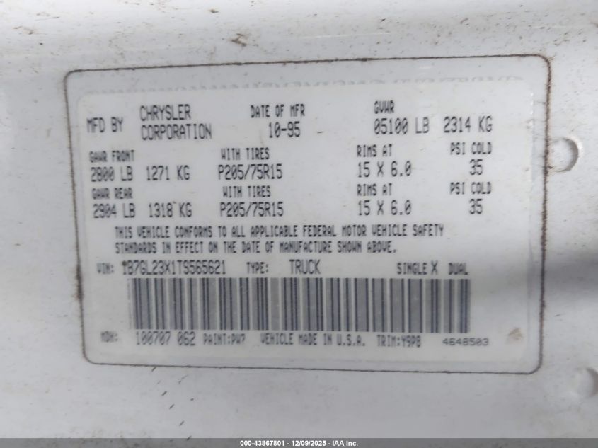 1996 Dodge Dakota VIN: 1B7GL23X1TS565621 Lot: 43867801