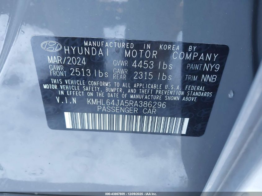 2024 Hyundai Sonata Sel VIN: KMHL64JA5RA386296 Lot: 43867809