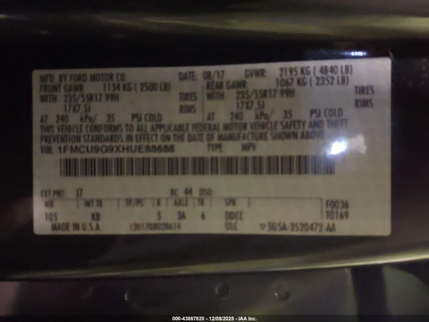 2017 Ford Escape Se VIN: 1FMCU9G9XHUE88688 Lot: 43867820