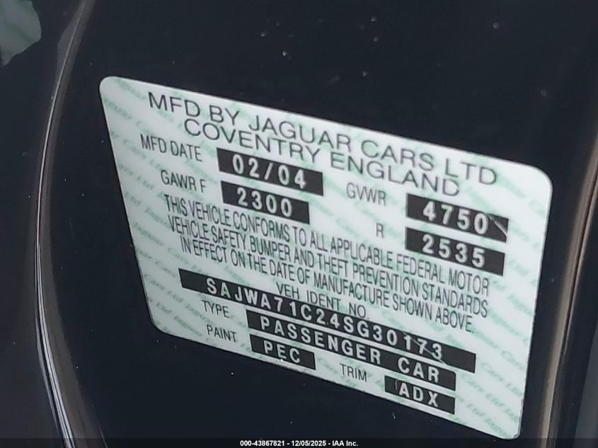 2004 Jaguar Xj Xj8 VIN: SAJWA71C24SG30173 Lot: 43867821