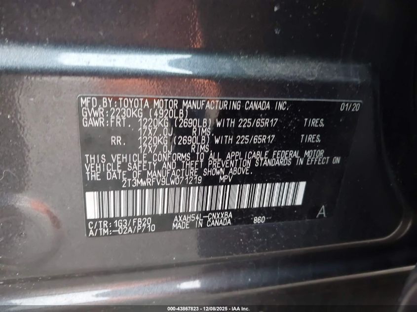 2020 Toyota Rav4 Le Hybrid VIN: 2T3MWRFV9LW071219 Lot: 43867823