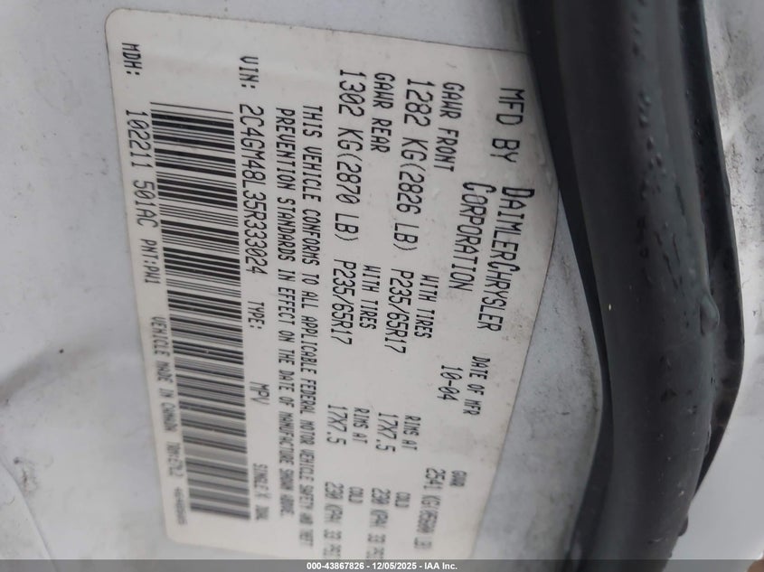 2C4GM48L35R333024 2005 CHRYSLER PACIFICA photo no. 9