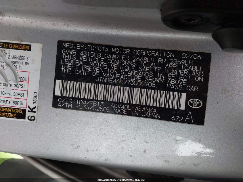 2007 Toyota Camry Le VIN: JTNBE46K973009908 Lot: 43867825