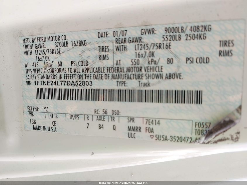 2007 Ford E-250 Commercial/Recreational VIN: 1FTNE24L77DA52803 Lot: 43867829