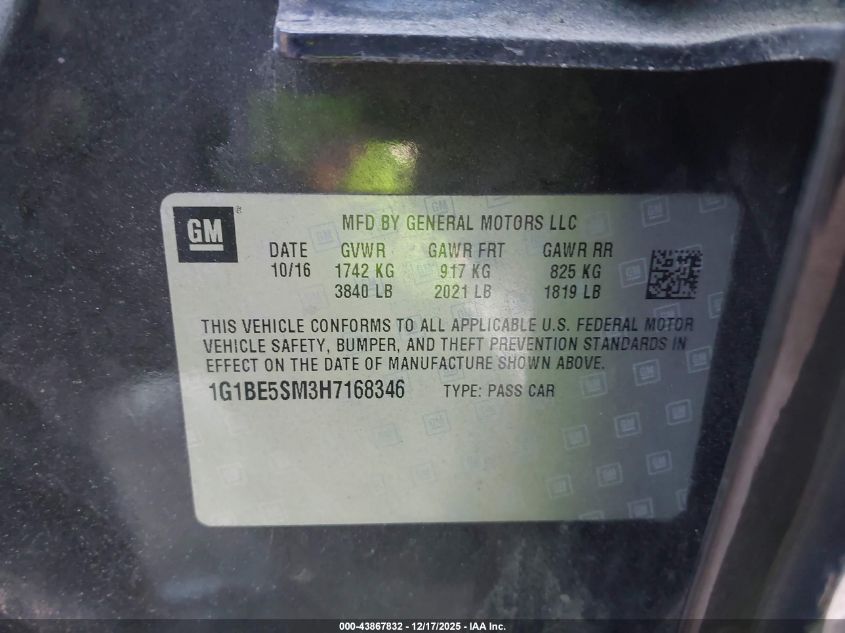 2017 Chevrolet Cruze Lt Auto VIN: 1G1BE5SM3H7168346 Lot: 43867832