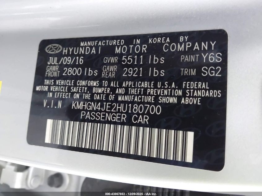 2017 Genesis G80 3.8 VIN: KMHGN4JE2HU180700 Lot: 43867853