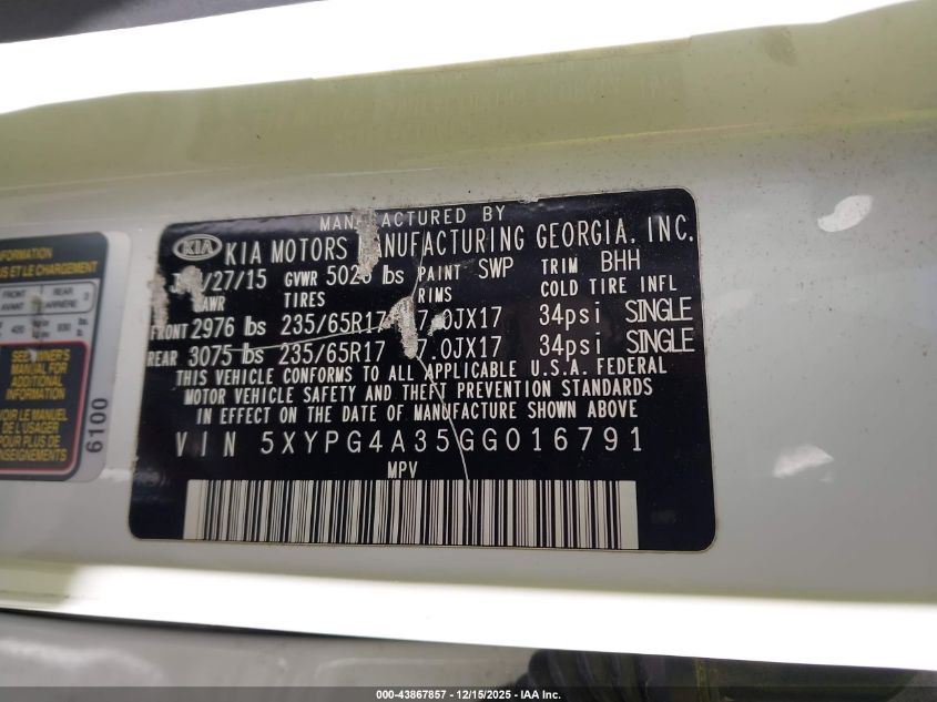 2016 Kia Sorento 2.4L Lx VIN: 5XYPG4A35GG016791 Lot: 43867857