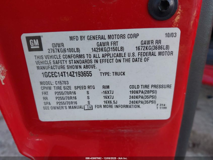 2004 Chevrolet Silverado 1500 Ls VIN: 1GCEC14T14Z193655 Lot: 43867862