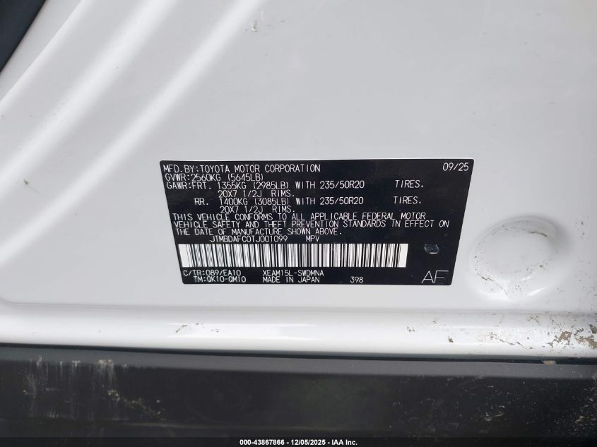 2026 Subaru Solterra VIN: JTMBDAFCOTJ001099 Lot: 43867866