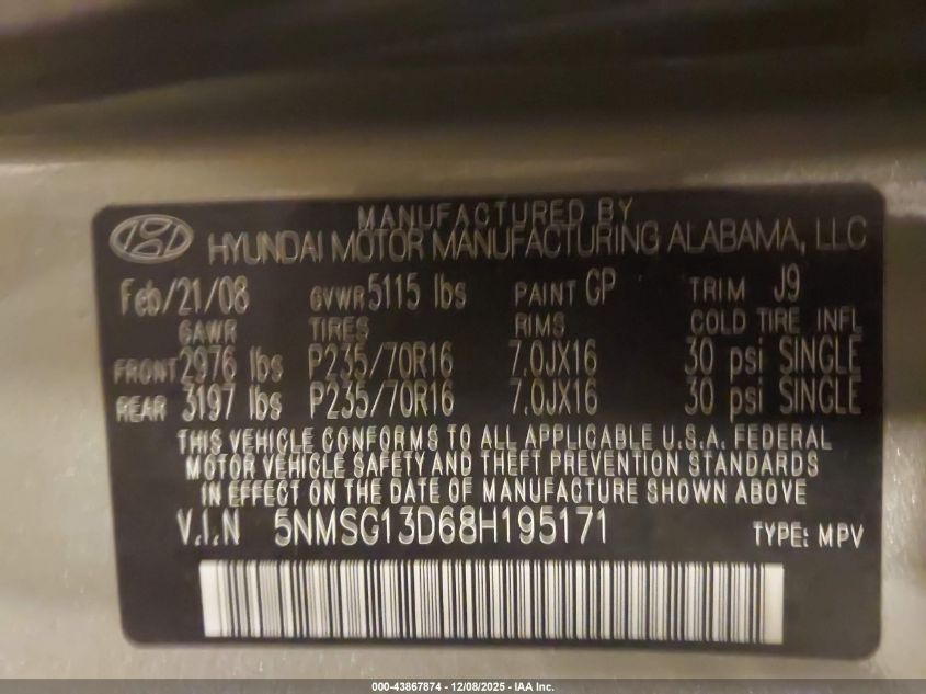 2008 Hyundai Santa Fe Gls VIN: 5NMSG13D68H195171 Lot: 43867874