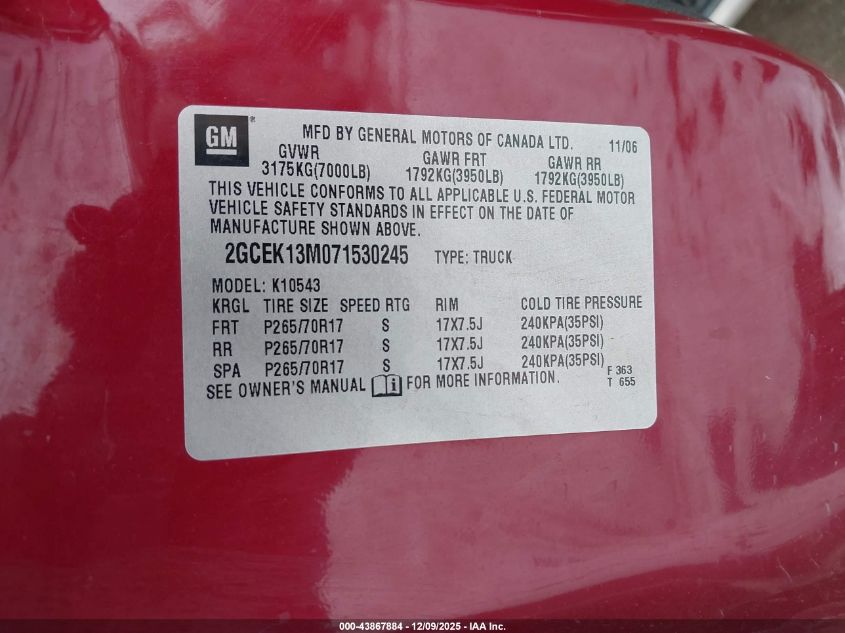 2007 Chevrolet Silverado 1500 Lt1 VIN: 2GCEK13M071530245 Lot: 43867884