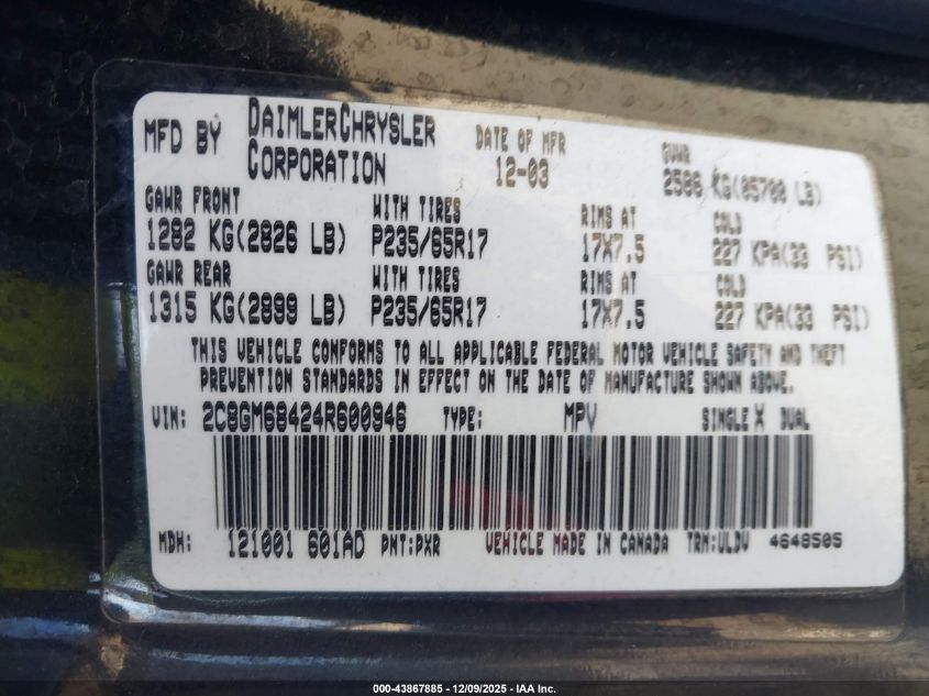 2004 Chrysler Pacifica VIN: 2C8GM68424R600946 Lot: 43867885