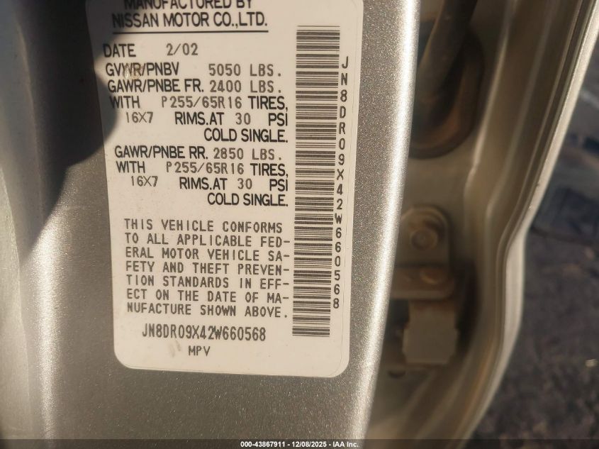 2002 Nissan Pathfinder Se VIN: JN8DR09X42W660568 Lot: 43867911