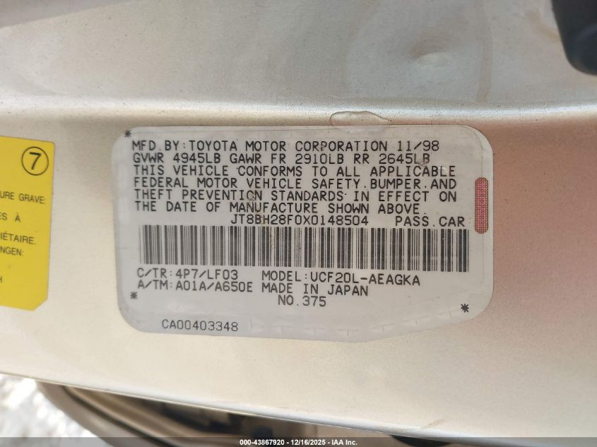 1999 Lexus Ls 400 VIN: JT8BH28F0X0148504 Lot: 43867920