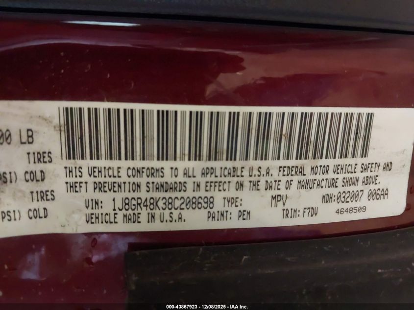 2008 Jeep Grand Cherokee Laredo VIN: 1J8GR48K38C208698 Lot: 43867923