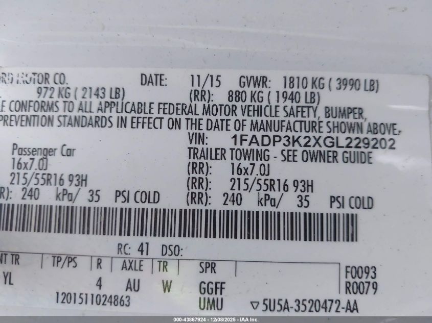 2016 Ford Focus Se VIN: 1FADP3K2XGL229202 Lot: 43867924