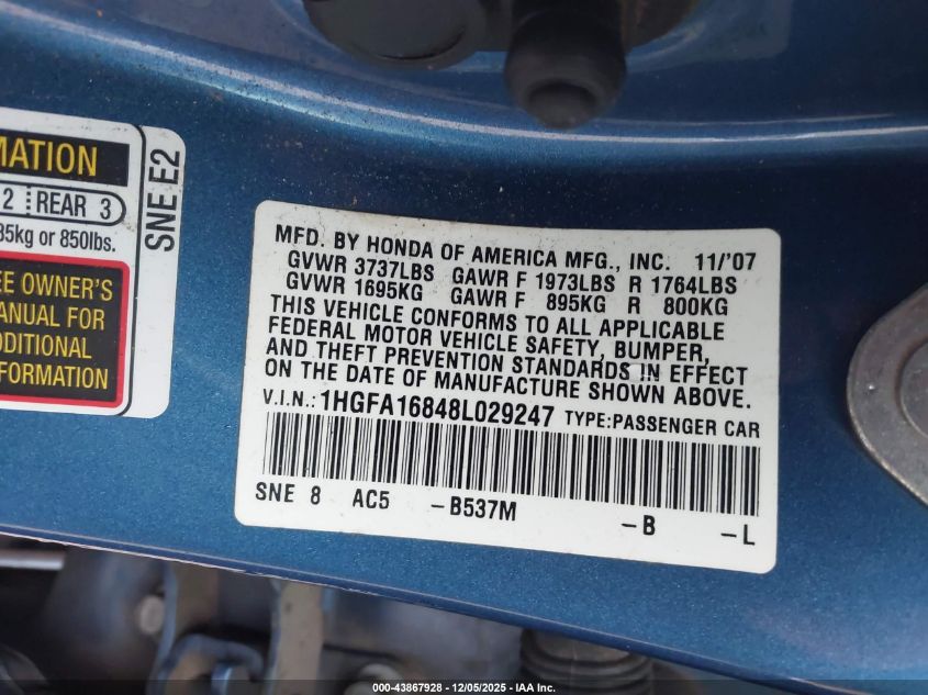 2008 Honda Civic Ex VIN: 1HGFA16848L029247 Lot: 43867928