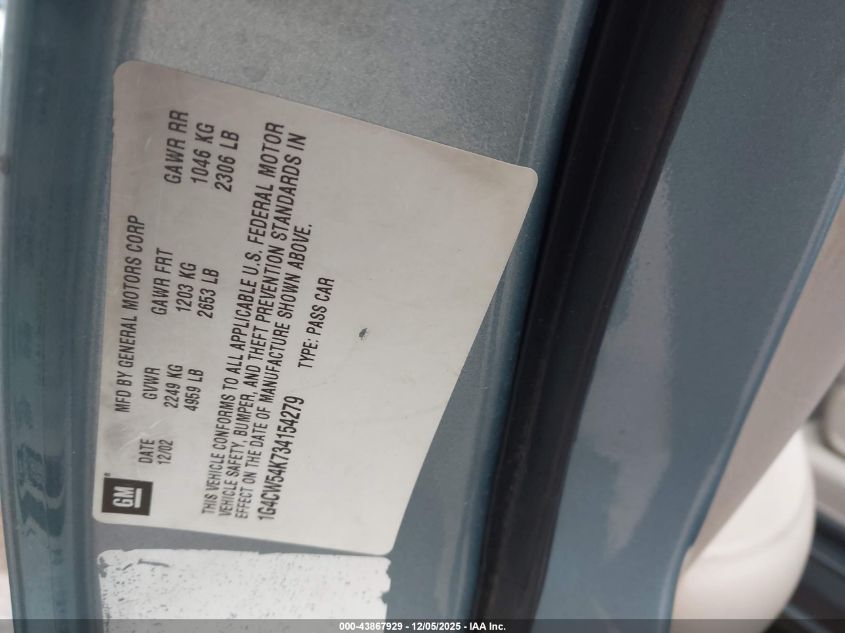 2003 Buick Park Avenue VIN: 1G4CW54K734154279 Lot: 43867929