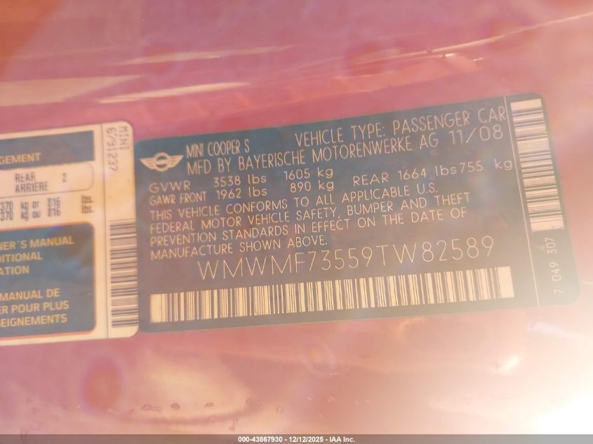 2009 Mini Cooper S VIN: WMWMF73559TW82589 Lot: 43867930