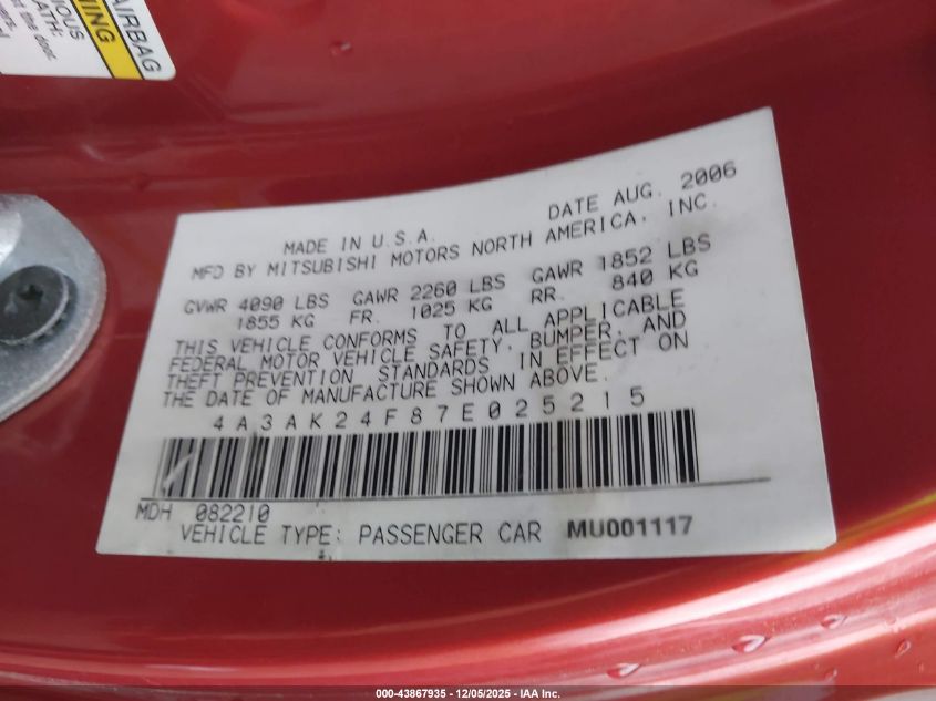 2007 Mitsubishi Eclipse Gs VIN: 4A3AK24F87E025215 Lot: 43867935