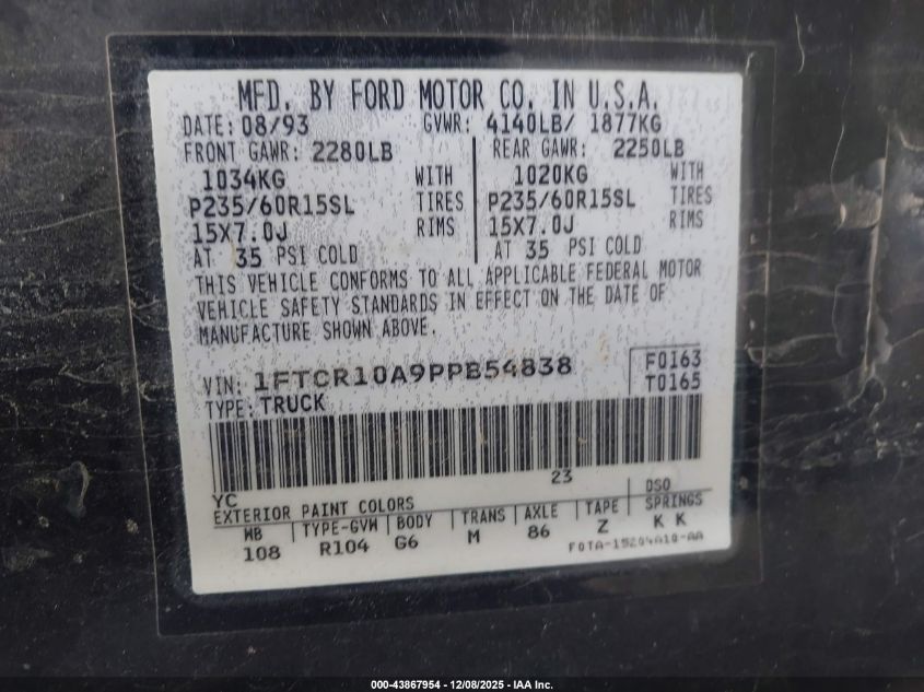 1993 Ford Ranger VIN: 1FTCR10A9PPB54838 Lot: 43867954