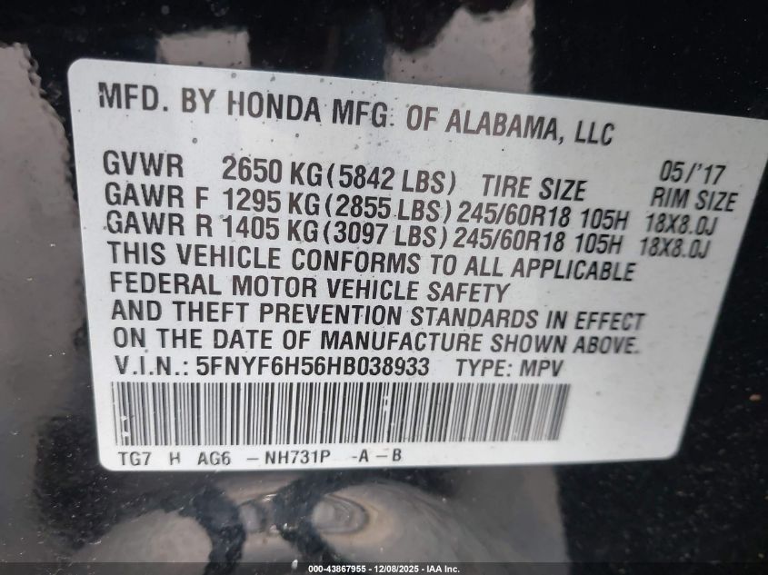 2017 Honda Pilot Ex-L VIN: 5FNYF6H56HB038933 Lot: 43867955