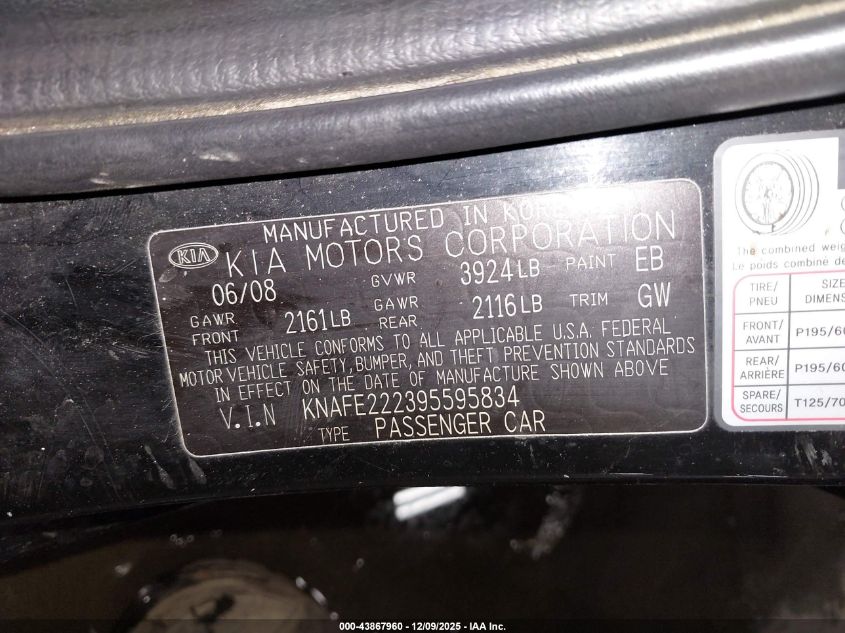2009 Kia Spectra Ex VIN: KNAFE222395595834 Lot: 43867960