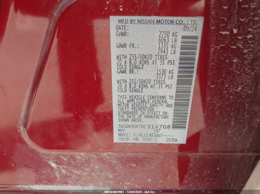 2024 Nissan Pathfinder Platinum 4Wd VIN: 5N1DR3DK7RC314708 Lot: 43867961