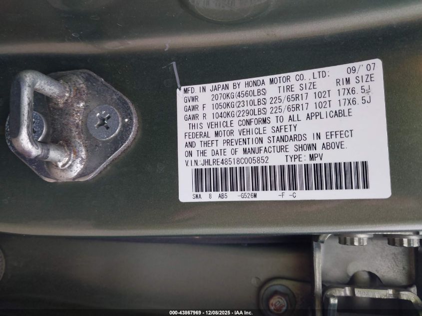 2008 Honda Cr-V Ex VIN: JHLRE48518C005852 Lot: 43867969