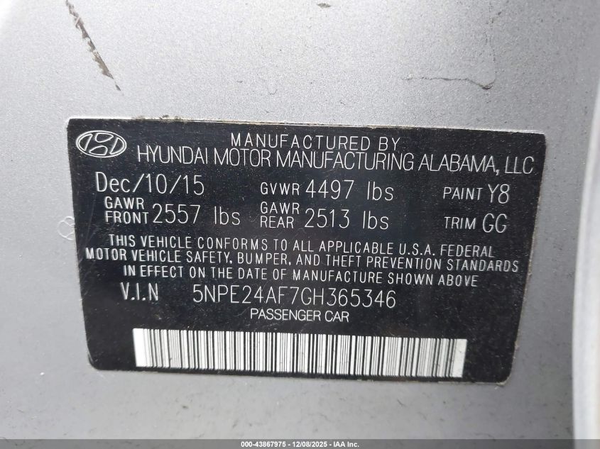2016 Hyundai Sonata Se VIN: 5NPE24AF7GH365346 Lot: 43867975