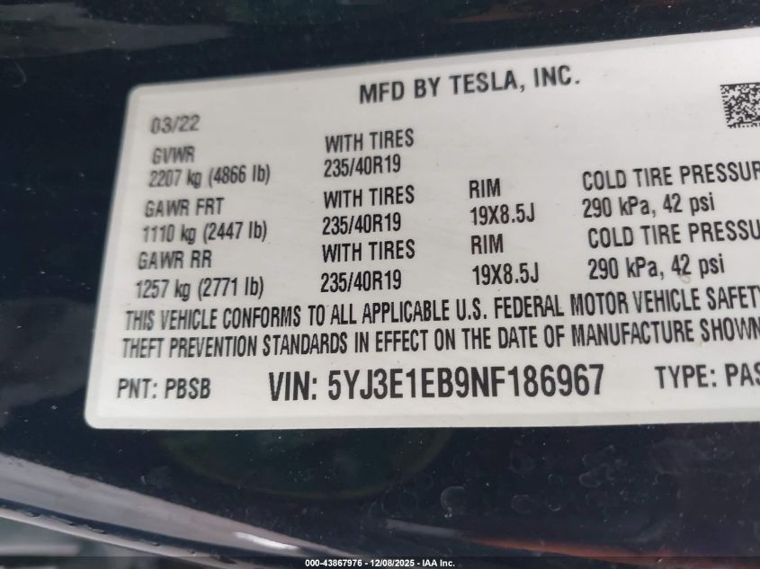 2022 Tesla Model 3 Long Range Dual Motor All-Wheel Drive VIN: 5YJ3E1EB9NF186967 Lot: 43867976