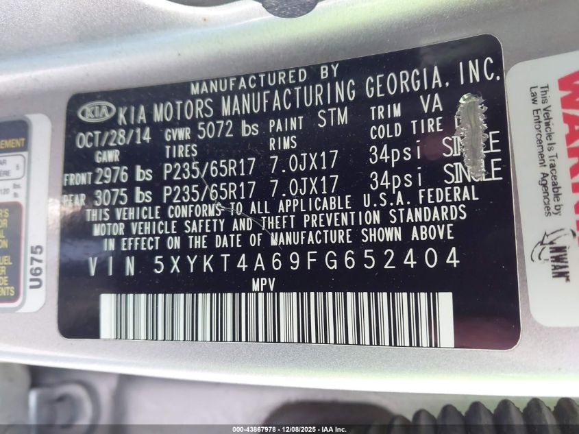 2015 Kia Sorento Lx VIN: 5XYKT4A69FG652404 Lot: 43867978