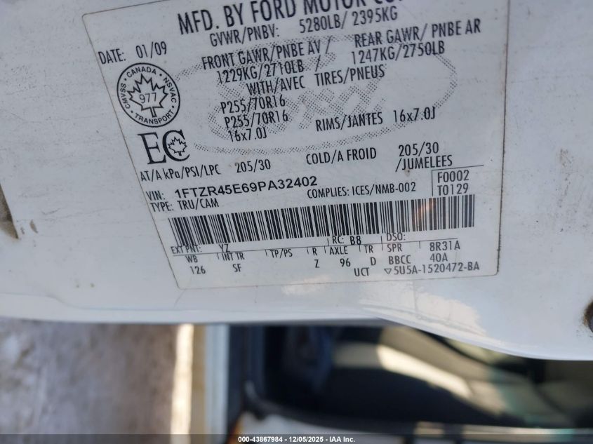2009 Ford Ranger Fx4 Off-Road/Sport/Xlt VIN: 1FTZR45E69PA32402 Lot: 43867984