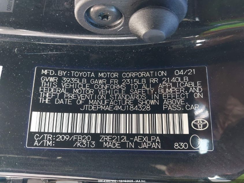 2021 Toyota Corolla Le VIN: JTDEPMAE4MJ184328 Lot: 43867992